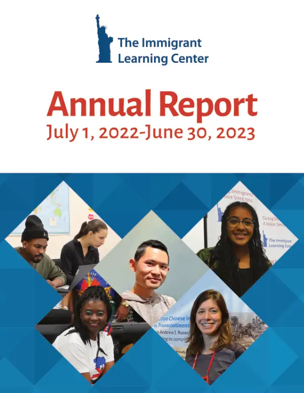 The ILC's 2023 annual report cover. From July 1, 2022 to June 30, 2023. It has five photos of students and teachers on the cover.