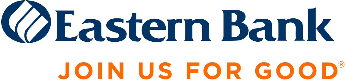 The Eastern Bank logo. It has an icon, with the text Eastern Bank in blue. Join us for good is in orange.